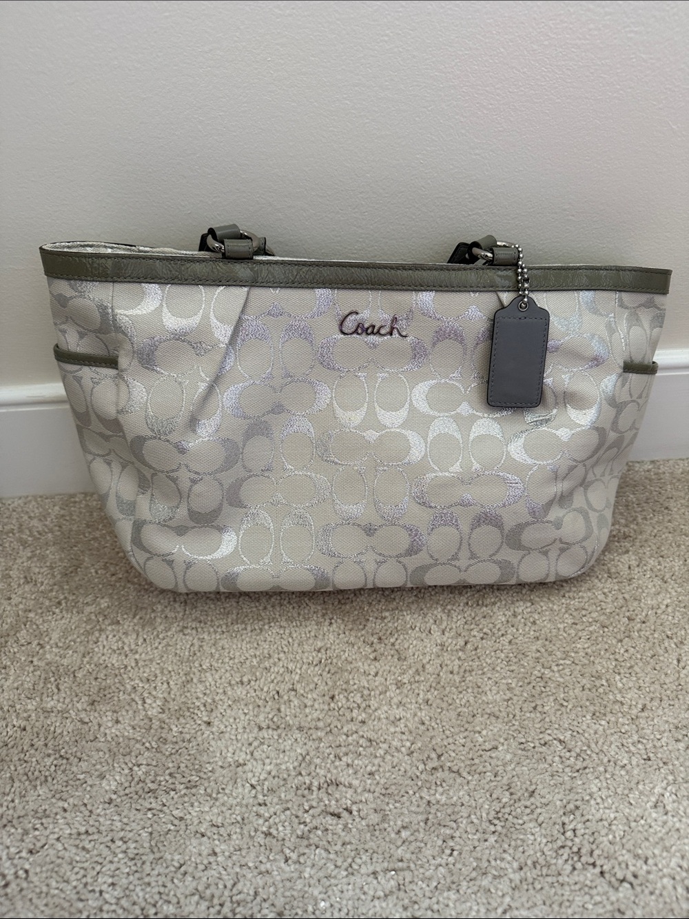 Coach Ivory/Silver Signature Jacquard Tote with Gray Trim